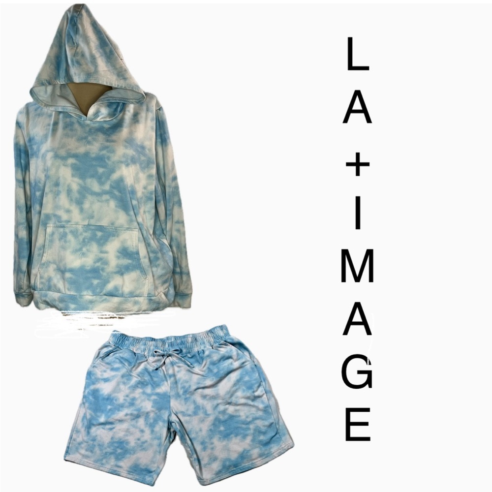 Women's Blue Tie-Dye Hoodie and Shorts Set, 2X